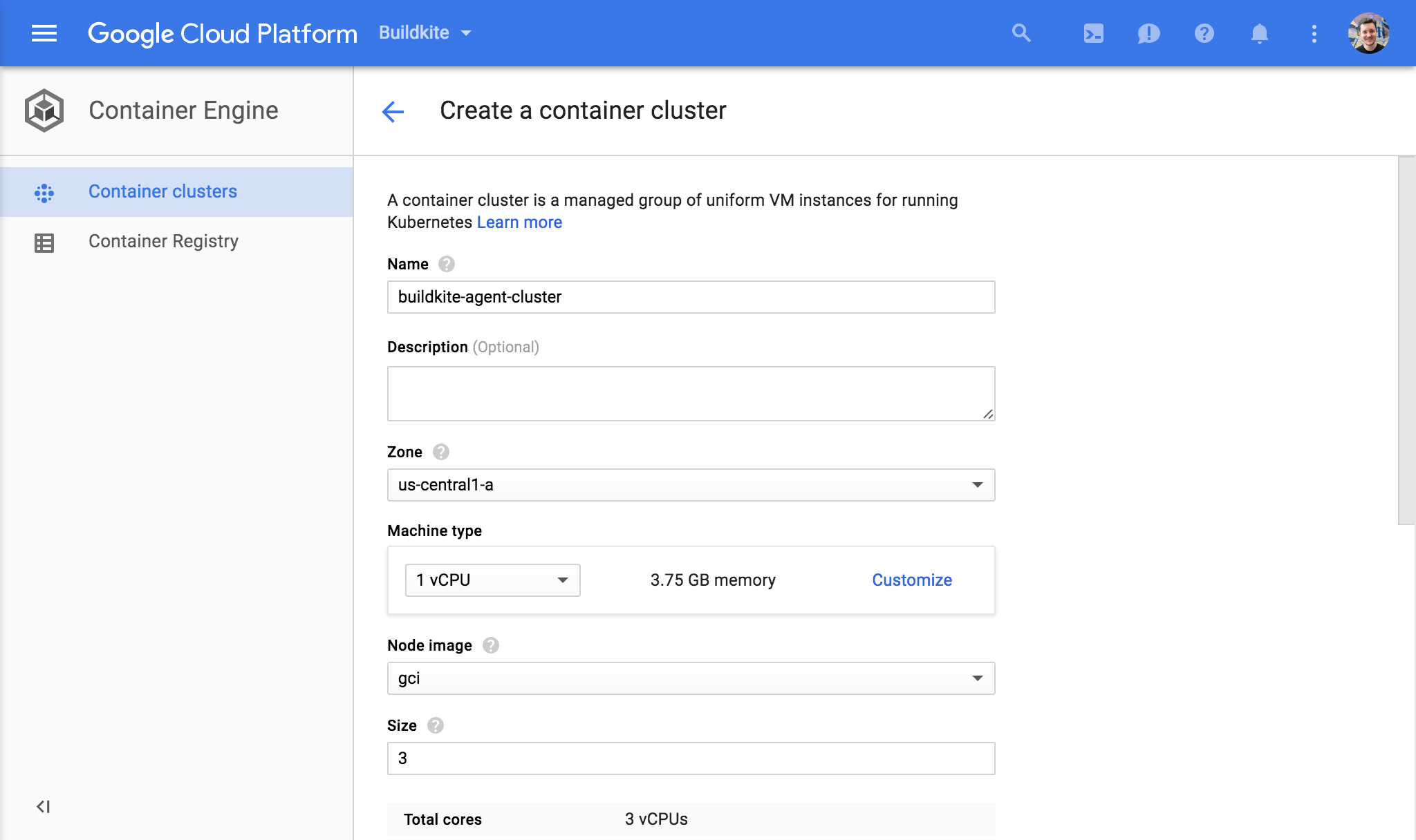 Screenshot of creating a Google Kubernetes Engine cluster using the Google Cloud Console