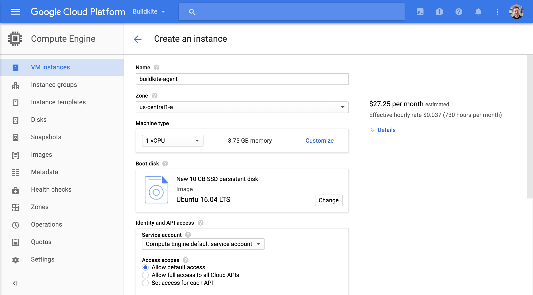 Screenshot of creating a Google Compute Engine instance running Ubuntu 16.04 LTS using the Google Cloud Console