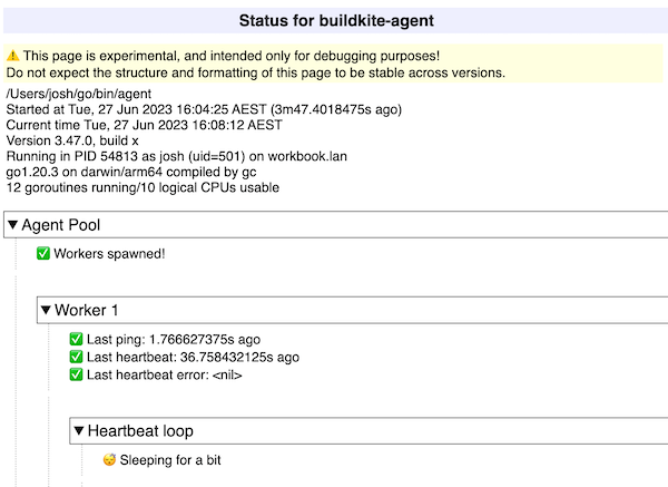 Agent internal status page